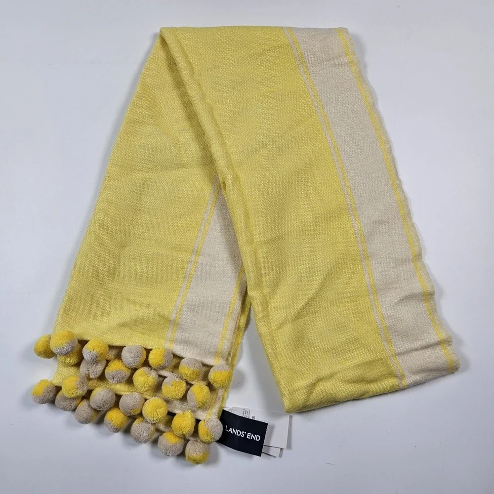 Lands End Womens Yellow wool Blend Oblong Scarf Striped Pom Pom Trim New 72